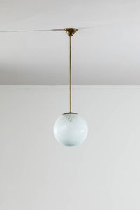 MANIFATTURA MURANESE - Lampada a sospensione in vetro retinato  tige in ottone. Anni '50 cm 86x24
