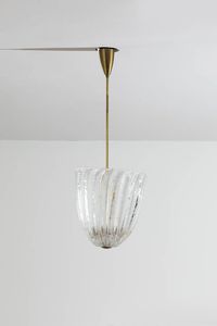 SEGUSO - Lampada a sospensione in vetro trasparente costolato  tige in ottone. Anni '50  cm 82x29