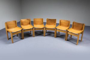IBISCO : Sei sedie con struttura in legno sedute e schienali in cuoio. Anni '70 cm 79x48x50  - Asta Design - Associazione Nazionale - Case d'Asta italiane