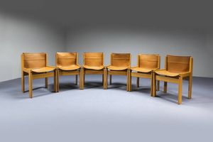 IBISCO : Sei sedie con struttura in legno sedute e schienali in cuoio. Anni '70 cm 79x48x50  - Asta Design - Associazione Nazionale - Case d'Asta italiane