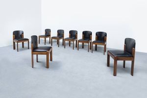 SILVIO COPPOLA - Otto sedie in legno di noce con sedute imbottite rivestite in pelle. Prod. Bernini anni '60 cm 80x45x45 Bibl.:  [..]