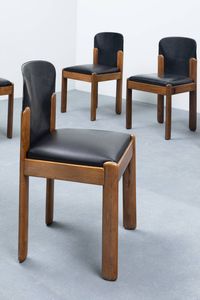 SILVIO COPPOLA : Otto sedie in legno di noce con sedute imbottite rivestite in pelle. Prod. Bernini anni '60 cm 80x45x45 Bibl.: Abitare 72 (gennaio-febbraio 1969)  p. 38 Ottagono 15 (ottobre 1969)  p. 13 Casa Amica 9 novembre 1971  p. 41  - Asta Design - Associazione Nazionale - Case d'Asta italiane