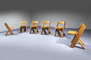 PRODUZIONE ITALIANA - Sei sedie impilabili con seduta ribaltabile in legno chiaro Anni '70 cm 77x45x52