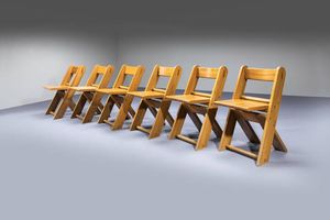 PRODUZIONE ITALIANA : Sei sedie impilabili con seduta ribaltabile in legno chiaro Anni '70 cm 77x45x52  - Asta Design - Associazione Nazionale - Case d'Asta italiane