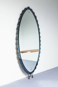 CRISTAL ART - Specchiera con mensola  cornice in vetro colorato. Sostegni in ottone Anni '60 cm 222x91