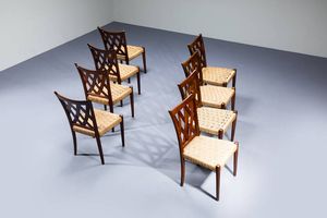 MARIO PASSANTI - Otto sedie con struttura in legno  sedute in paglia intrecciata. Anni '50 cm 90x46x46 Bibl.: D. Alaimo  Mobili  [..]