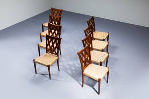 MARIO PASSANTI : Otto sedie con struttura in legno  sedute in paglia intrecciata. Anni '50 cm 90x46x46 Bibl.: D. Alaimo  Mobili di architetti e progettisti torinesi 1945-1955  Deposito Culturale 2018  pag. 180  - Asta Design - Associazione Nazionale - Case d'Asta italiane