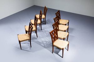 MARIO PASSANTI : Otto sedie con struttura in legno  sedute in paglia intrecciata. Anni '50 cm 90x46x46 Bibl.: D. Alaimo  Mobili di architetti e progettisti torinesi 1945-1955  Deposito Culturale 2018  pag. 180  - Asta Design - Associazione Nazionale - Case d'Asta italiane