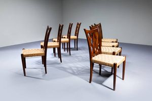 MARIO PASSANTI : Otto sedie con struttura in legno  sedute in paglia intrecciata. Anni '50 cm 90x46x46 Bibl.: D. Alaimo  Mobili di architetti e progettisti torinesi 1945-1955  Deposito Culturale 2018  pag. 180  - Asta Design - Associazione Nazionale - Case d'Asta italiane