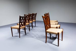 MARIO PASSANTI : Otto sedie con struttura in legno  sedute in paglia intrecciata. Anni '50 cm 90x46x46 Bibl.: D. Alaimo  Mobili di architetti e progettisti torinesi 1945-1955  Deposito Culturale 2018  pag. 180  - Asta Design - Associazione Nazionale - Case d'Asta italiane