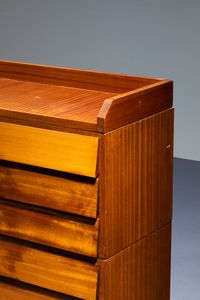 SCHIROLLI : Mobile cassettiera con struttura in legno impiallacciato. gambe in ottone   Anni '50  Etichetta del Produttore. cm 105x130x42  - Asta Design - Associazione Nazionale - Case d'Asta italiane