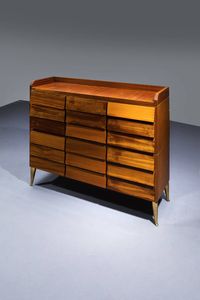 SCHIROLLI : Mobile cassettiera con struttura in legno impiallacciato. gambe in ottone   Anni '50  Etichetta del Produttore. cm 105x130x42  - Asta Design - Associazione Nazionale - Case d'Asta italiane