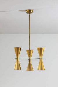 PRODUZIONE ITALIANA : Lampadario in ottone e vetro trasparente. Anni '50 h cm 112x60  - Asta Design - Associazione Nazionale - Case d'Asta italiane