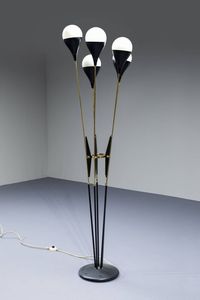 STILUX - Lampada da terra in metallo verniciato  particolari in ottone  diffusori in vetro opalino. Anni '50 h cm 180