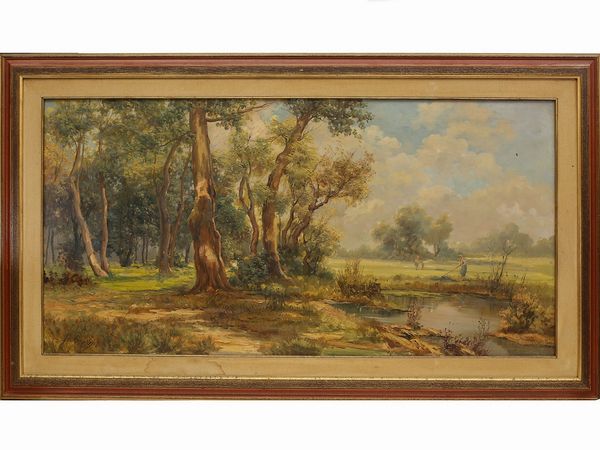 Nino Grechi : Paesaggio fluviale con personaggi  - Asta L'Arte di Arredare - Associazione Nazionale - Case d'Asta italiane