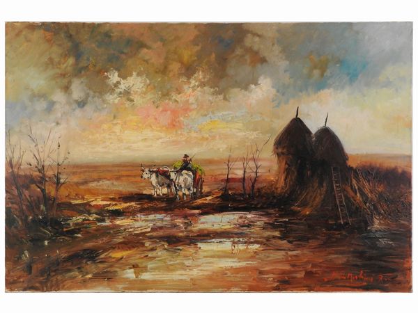 Norberto Martini : Paesaggio di campagna con contadino e buoi  - Asta L'Arte di Arredare - Associazione Nazionale - Case d'Asta italiane
