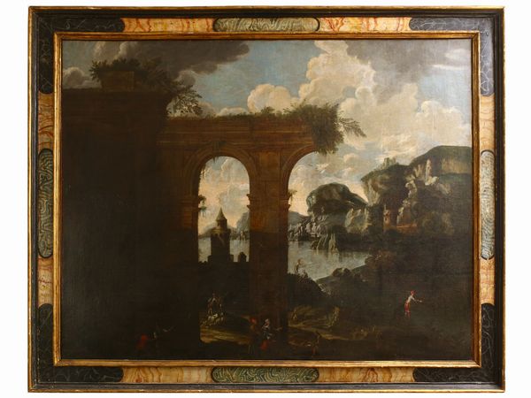 Scuola napoletana del XVII/XVIII secolo : Capriccio architettonico con personaggi  - Asta L'Arte di Arredare - Associazione Nazionale - Case d'Asta italiane