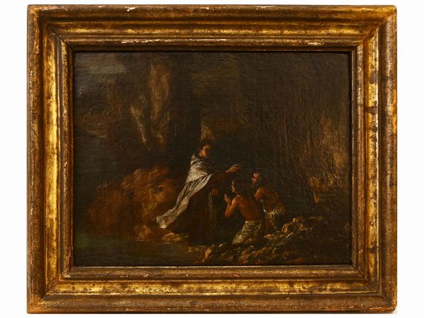 Scuola genovese : Santo carmelitano battezza due neofiti  - Asta L'Arte di Arredare - Associazione Nazionale - Case d'Asta italiane