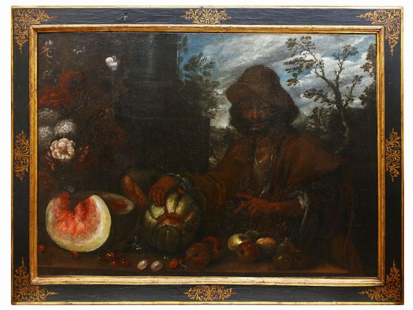 Francesco Montelatici detto Cecco Bravo : Natura morta con figura maschile in un paesaggio  - Asta L'Arte di Arredare - Associazione Nazionale - Case d'Asta italiane