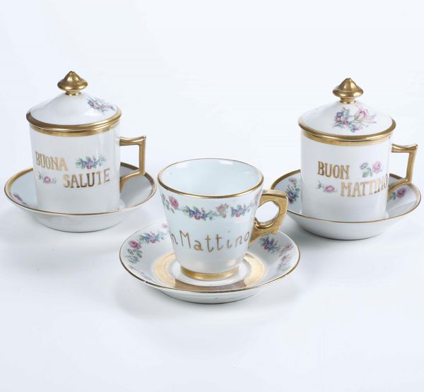 Tre tazze augurali<BR>Manifatture diverse, XX secolo  - Asta Arredo per la Tavola | Cambi Time  - Associazione Nazionale - Case d'Asta italiane