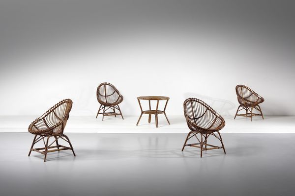 MANIFATTURA ITALIANA : Tavolino da salotto e quattro poltroncine  - Asta Asta 370 | DESIGN E ARTI DECORATIVE DEL NOVECENTO Virtuale - Associazione Nazionale - Case d'Asta italiane