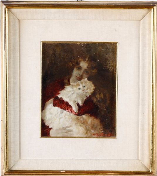 Mario Bettinelli : Donna con gatto  - Asta Dipinti Antichi | Cambi Time - Associazione Nazionale - Case d'Asta italiane