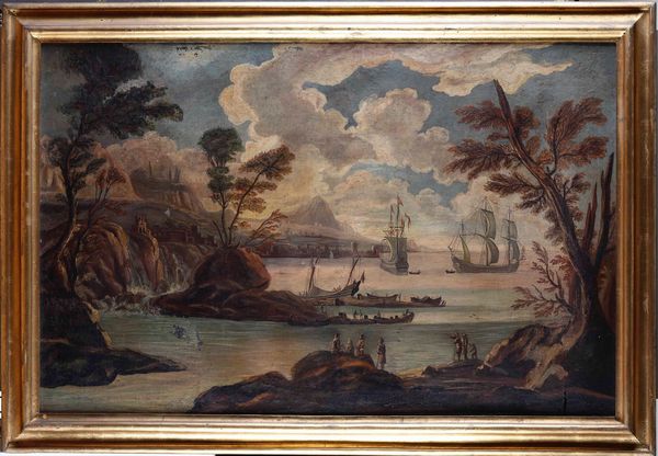 Scuola del XVIII secolo Veduta costiera con velieri  - Asta Dipinti Antichi | Cambi Time - Associazione Nazionale - Case d'Asta italiane