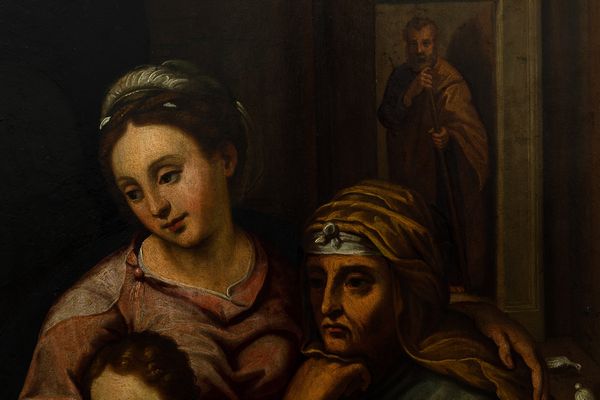 Scuola romana del XVII secolo Sacra Famiglia con San Giovannino e Sant'Anna in un interno  - Asta Dipinti Antichi | Cambi Time - Associazione Nazionale - Case d'Asta italiane