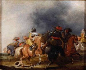 Pieter Jansz Post, Attribuito a : Scontro di cavalleria  - Asta Dipinti Antichi | Cambi Time - Associazione Nazionale - Case d'Asta italiane