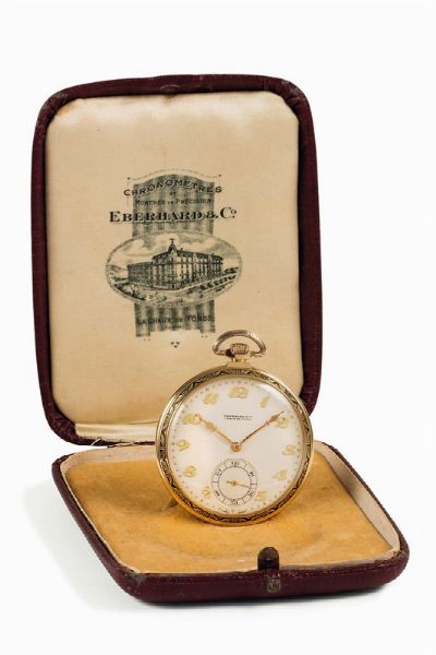 Eberhard : EBERHARD&Co., Chaux de Fonds, orologio da tasca, in oro giallo 18K. Accompagnato dalla scatola originale. Realizzato nel 1930 circa  - Asta Orologi da Polso e da Tasca - Associazione Nazionale - Case d'Asta italiane