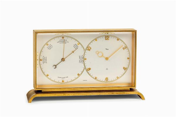 IMHOF : IMHOF, orologio da scrivania, in ottone dorato con barometro. Realizzato nel 1960 circa  - Asta Orologi da Polso e da Tasca - Associazione Nazionale - Case d'Asta italiane