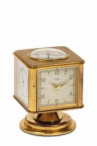 ANGELUS - ANGELUS, orologio da tavolo, in ottone dorato, con termometro, bussola e barometro. Realizzato nel 1960 circa