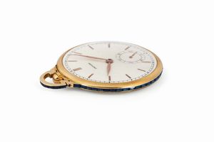 Eberhard : EBERHARD, orologio da tasca, in oro giallo 18K e zaffiri. Realizzato nel 1950 circa  - Asta Orologi da Polso e da Tasca - Associazione Nazionale - Case d'Asta italiane