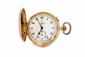 levrette - LEVRETTE, orologio da tasca, in oro giallo 14K, modello savonette con cronografo e ripetizione dei quarti. Realizzato nel 1906 circa
