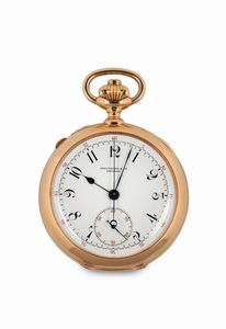 PATEK PHILIPPE - PATEK PHILIPPE, movimento No. 97037, cassa No. 211133, orologio da tasca, cronografo, in oro rosa 18K, rattrappante. Accompagnato dall'Estratto degli Archivi che conferma la vendita nel 1893