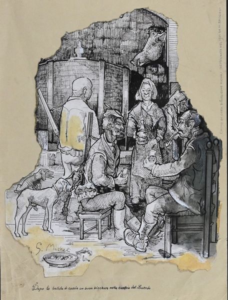 Guglielmo Micheli : Dopo la battuta di caccia un buon bicchiere nella cantina del Lurido  - Asta Asta di Arte Moderna e Contemporanea '800 e '900 - Associazione Nazionale - Case d'Asta italiane