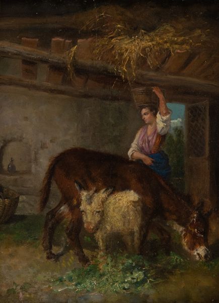 Scuola italiana meridionale : Contadina con asino ed asinello  - Asta Asta di Arte Moderna e Contemporanea '800 e '900 - Associazione Nazionale - Case d'Asta italiane