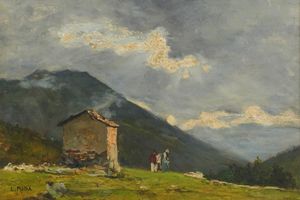 Anonimo (Scuola Piemontese seconda metà XIX secolo) - Paesaggio montano con figure