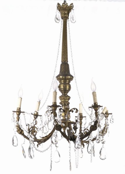 Lampadario a sei luci in metallo dorato e cristalli. XIX-XX secolo  - Asta Antiquariato Luglio | Cambi Time - Associazione Nazionale - Case d'Asta italiane
