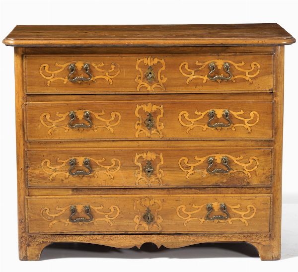 Cassettone intarsiato, fronte dritto a quattro cassetti. Piemonte XVIII secolo  - Asta Antiquariato Luglio | Cambi Time - Associazione Nazionale - Case d'Asta italiane