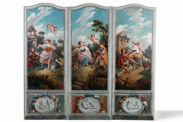 Paravento a tre pannelli dipinti in policromia con scene galanti, XX secolo  - Asta Antiquariato Luglio | Cambi Time - Associazione Nazionale - Case d'Asta italiane