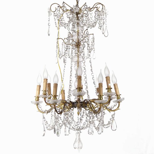 Coppia di lampadari a dodici luci in metallo dorato e pendenti in cristalli. XIX-XX secolo  - Asta Antiquariato Luglio | Cambi Time - Associazione Nazionale - Case d'Asta italiane