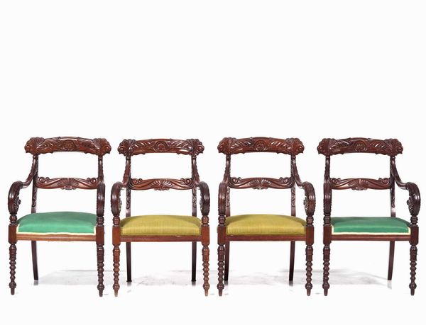 Quattro seggioloni stile Peter in legno intagliato. Inghilterra XIX secolo  - Asta Antiquariato Luglio | Cambi Time - Associazione Nazionale - Case d'Asta italiane