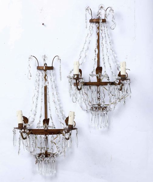 Coppia di applique in metallo e cristalli a due luci. XIX secolo  - Asta Antiquariato Luglio | Cambi Time - Associazione Nazionale - Case d'Asta italiane