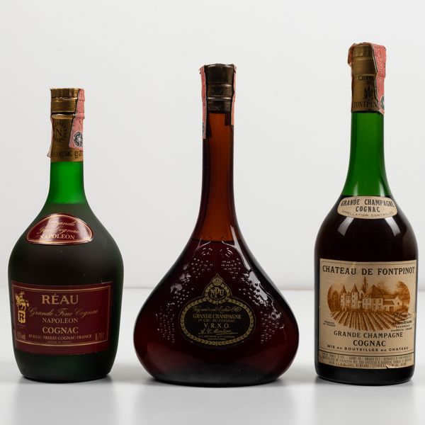 Chateau de Fontpinot, Cognac Grande Champagne<BR>A. C. Meukow, Cognac Grande Champagne V.R.X.O. Premier Cru<BR>Reau Freres, Cognac Grande Fine Champagne Napoleon  - Asta Spirito del tempo  - Associazione Nazionale - Case d'Asta italiane