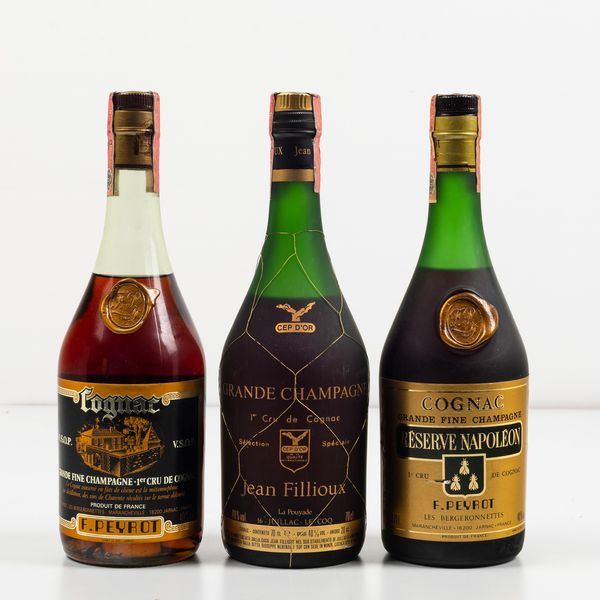 F. Peyrot, Grande Fine Champagne Premier Cru Cognac V.S.O.P.<BR>Jean Fillioux, Grande Champagne Premier Cru Cognac Cep D'Or<BR>F. Payrot, Grande Fine Champagne Reserve Napoleon Premier Cru Cognac Les Bergonnettes  - Asta Spirito del tempo  - Associazione Nazionale - Case d'Asta italiane