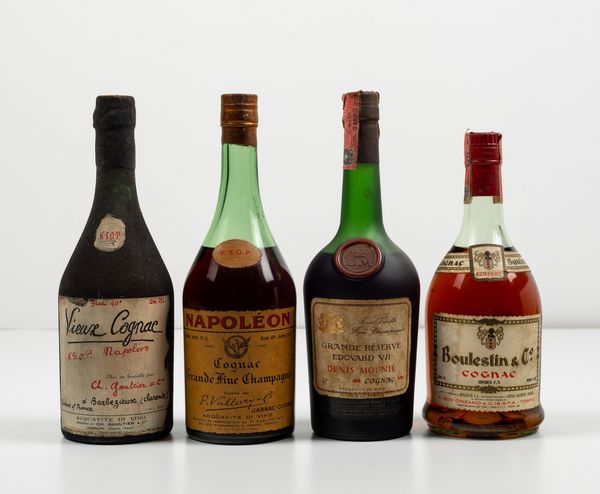 Gaultier, Vieux Cognac Napoleon V.S.O.P.<BR>Jarnac, Grande Fine Champagne Cognac Napoleon<BR>Denis Mouni�, Grande Reserve Edouard VII<BR>Boulestin, Cognac  - Asta Spirito del tempo  - Associazione Nazionale - Case d'Asta italiane