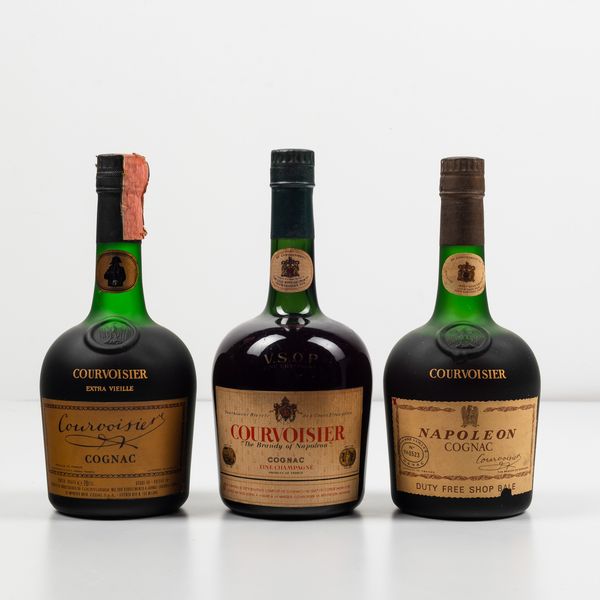 Courvoisier, Napoleon Cognac Nombre Limited Duty Free Shop Bale<BR>Courvoisier, Cagnac Fine Champagne V.S.O.P.<BR>Courvoisier, Cagnac Extra Vieille  - Asta Spirito del tempo  - Associazione Nazionale - Case d'Asta italiane