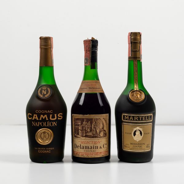 Camus, Cognac Napoleon La Grande Marque<BR>Martell, Cognac Medaillon V.S.O.P.<BR>Delamain, Cognac Selection  - Asta Spirito del tempo  - Associazione Nazionale - Case d'Asta italiane