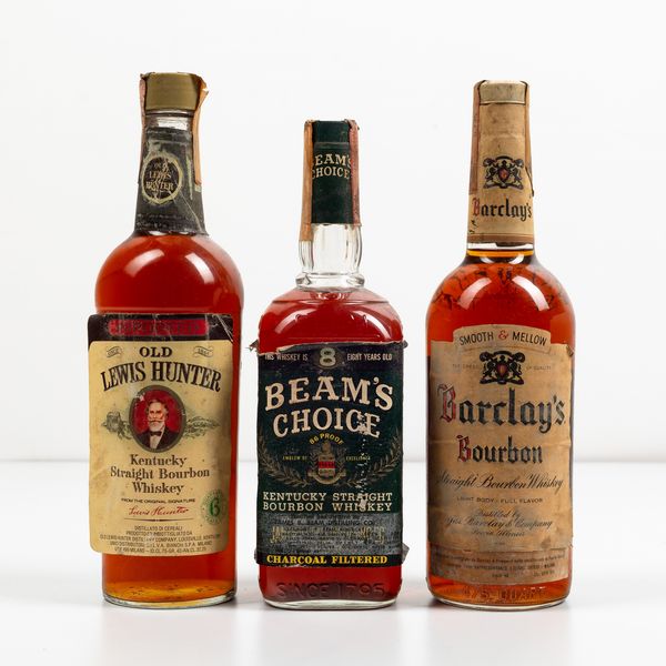 J. Beam's, Beam's Choice Kentucky Straight Bourbon Whiskey 8 years old<BR>Old Lewis Hunter, Kentucky Straight Bourbon Whiskey<BR>Barclay's, Straight Bourbon Whiskey  - Asta Spirito del tempo  - Associazione Nazionale - Case d'Asta italiane